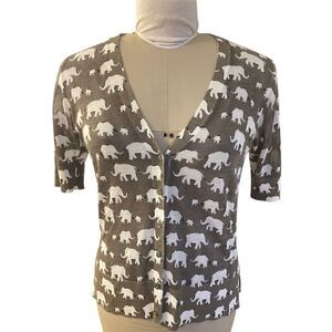 LOFT Elephant Print Short Sleeve Cardigan V-Neck Button Front Sz. S